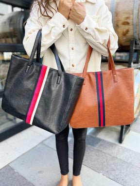 Cognac + Red/Navy Stripe Vegan Tote - Aspen Lane 