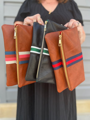 Cognac + Red/Navy Stripe Vegan Crossbody, Belt Bag + Clutch - Aspen Lane 