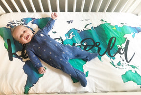 Hello World Fitted Crib Sheet or Swaddle | Blue Green Watercolor World - Aspen Lane 