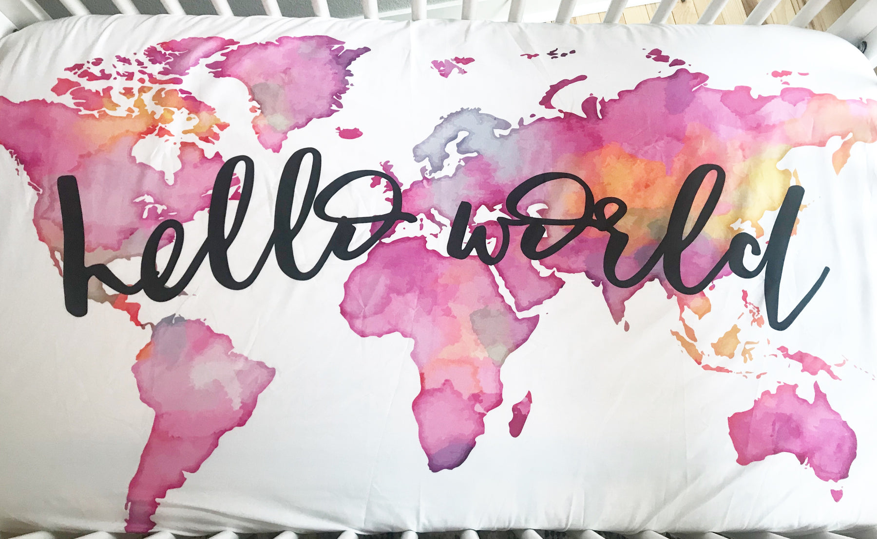 Hello World Fitted Crib Sheet or Swaddle | Pink Watercolor World - Aspen Lane 