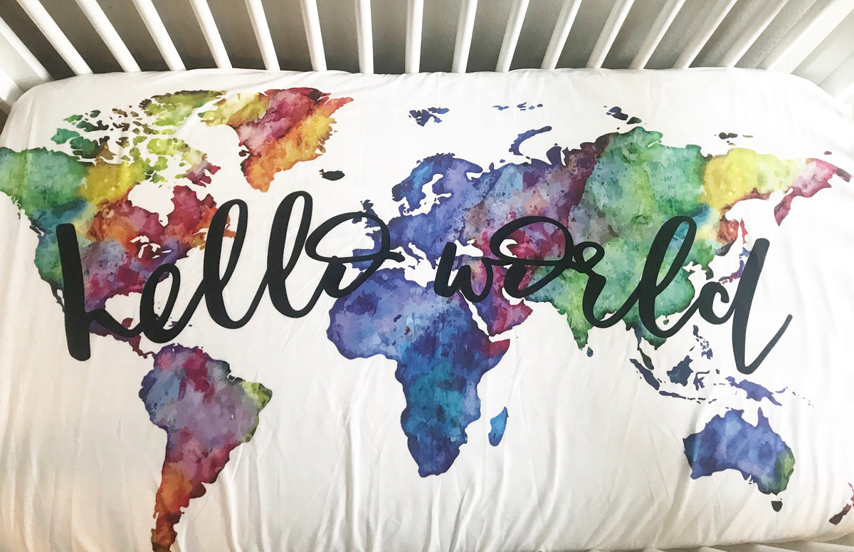 Hello World Fitted Crib Sheet or Swaddle | Rainbow Watercolor World - Aspen Lane 